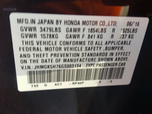 JHMGK5H76GS003134 - 2016 HONDA FIT EX BLUE photo 10