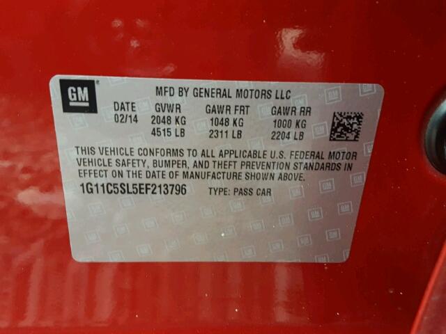 1G11C5SL5EF213796 - 2014 CHEVROLET MALIBU 1LT RED photo 10