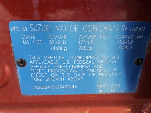 JS2GB41S125400449 - 2002 SUZUKI ESTEEM GL RED photo 10