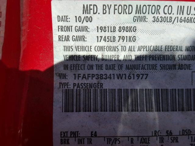 1FAFP38341W161977 - 2001 FORD FOCUS ZTS RED photo 10