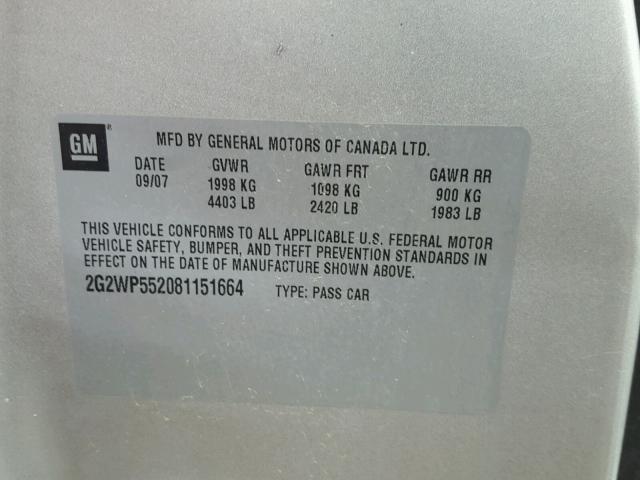 2G2WP552081151664 - 2008 PONTIAC GRAND PRIX SILVER photo 10