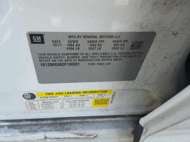 1G1ZB5E05CF196261 - 2012 CHEVROLET MALIBU LS 白色 照片 10