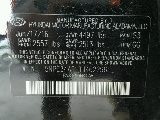 5NPE34AF1HH462296 - 2017 HYUNDAI SONATA SPO BLACK photo 10