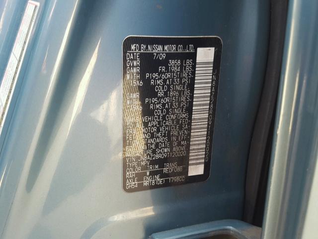 JN8AZ28R09T120020 - 2009 NISSAN CUBE BASE BLUE photo 10