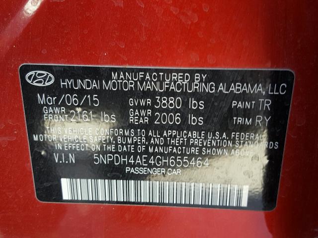 5NPDH4AE4GH655464 - 2016 HYUNDAI ELANTRA RED photo 10