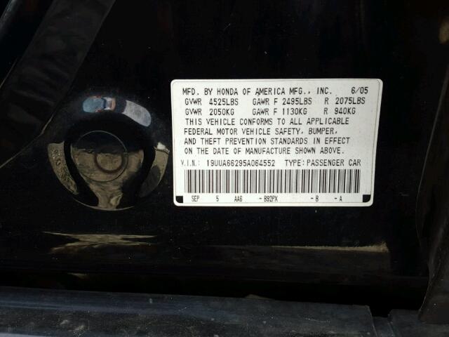 19UUA66295A064552 - 2005 ACURA TL BLACK photo 10