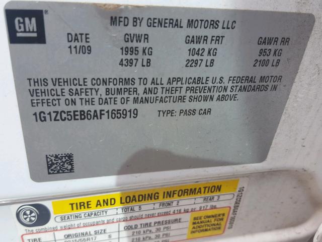 1G1ZC5EB6AF165919 - 2010 CHEVROLET MALIBU 1LT თეთრი ფოტო 10