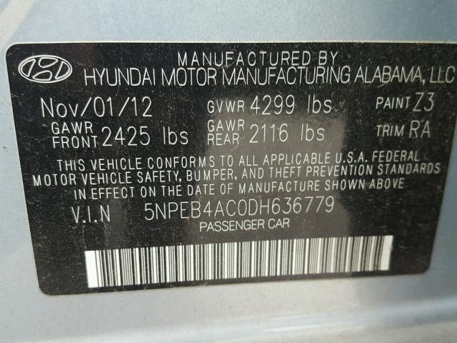 5NPEB4AC0DH636779 - 2013 HYUNDAI SONATA SILVER photo 10