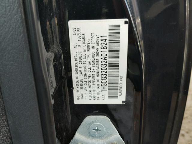 1HGCG32032A018241 - 2002 HONDA ACCORD BLACK photo 10