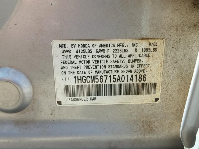 1HGCM56715A014186 - 2005 HONDA ACCORD EX SILVER photo 10