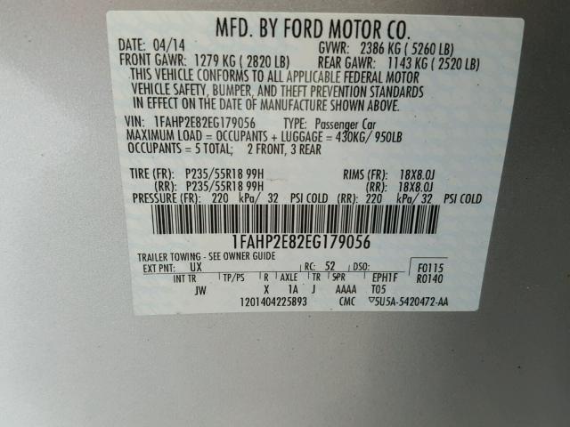 1FAHP2E82EG179056 - 2014 FORD TAURUS SILVER photo 10