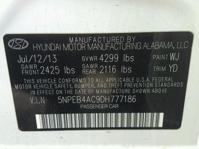 5NPEB4AC9DH777186 - 2013 HYUNDAI SONATA GLS WHITE photo 10