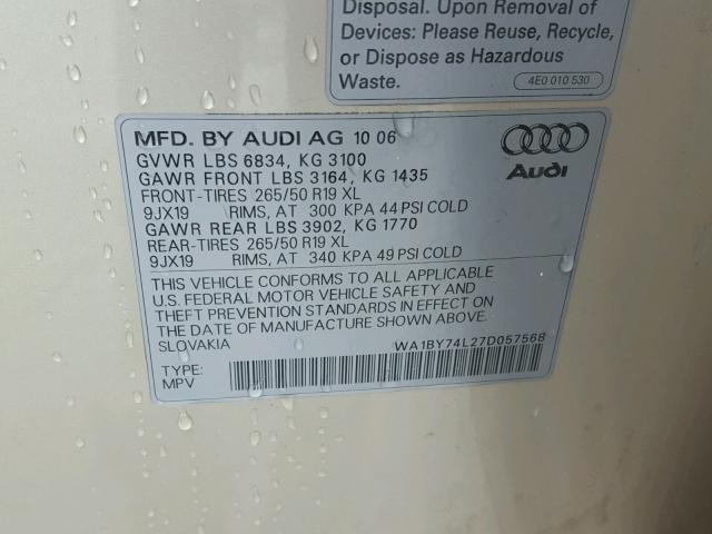 WA1BY74L27D057568 - 2007 AUDI Q7 3.6 QUA TAN photo 10