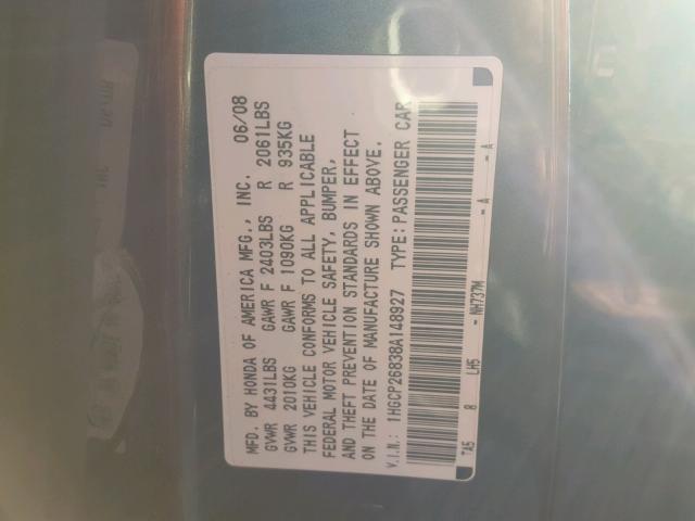 1HGCP26838A148927 - 2008 HONDA ACCORD EXL GRAY photo 10