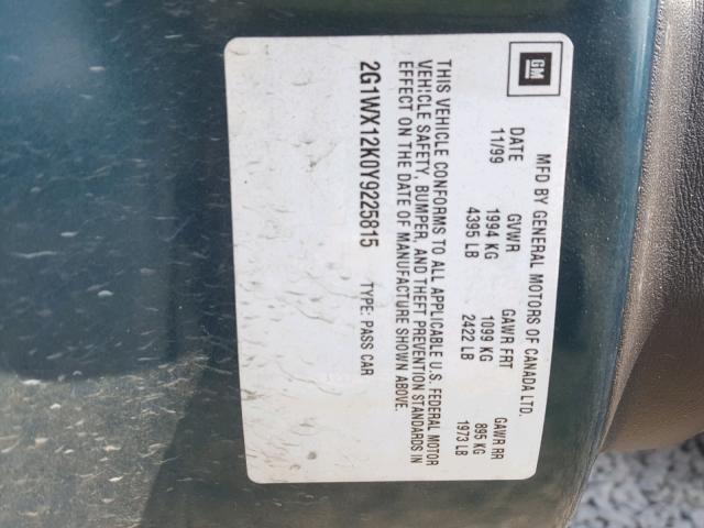 2G1WX12K0Y9225815 - 2000 CHEVROLET MONTE CARL მწვანე ფოტო 10