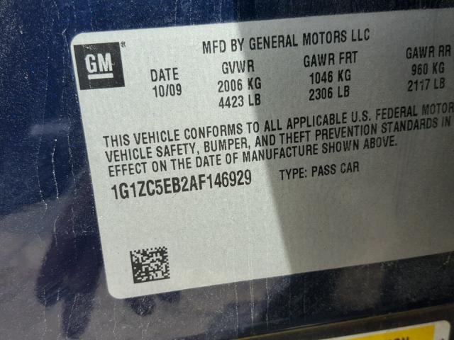 1G1ZC5EB2AF146929 - 2010 CHEVROLET MALIBU 1LT BLUE photo 10