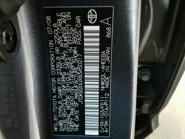 JTDKB20UX83450217 - 2008 TOYOTA PRIUS GRAY photo 10