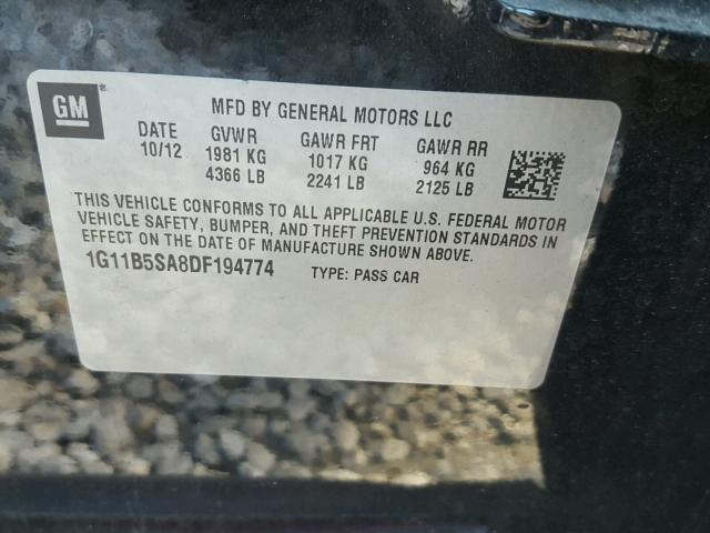 1G11B5SA8DF194774 - 2013 CHEVROLET MALIBU LS შავი ფოტო 10