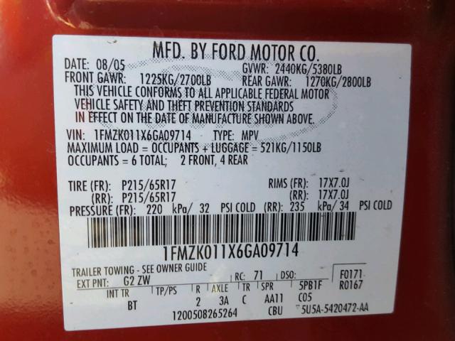 1FMZK011X6GA09714 - 2006 FORD FREESTYLE RED photo 10