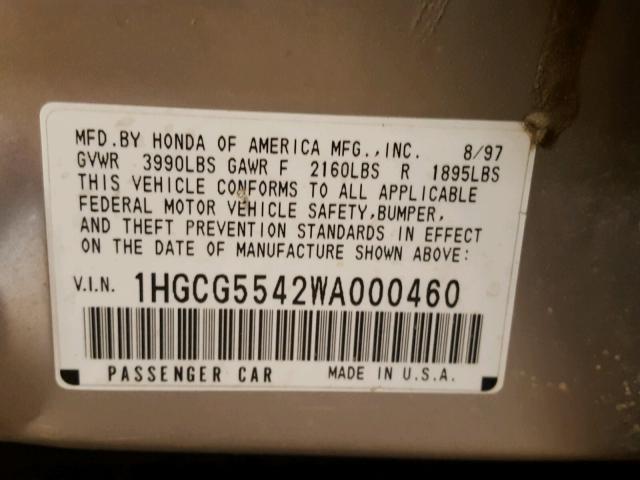 1HGCG5542WA000460 - 1998 HONDA ACCORD LX SILVER photo 10