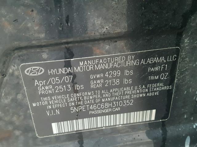 5NPET46C68H310352 - 2008 HYUNDAI SONATA GLS BLACK photo 10