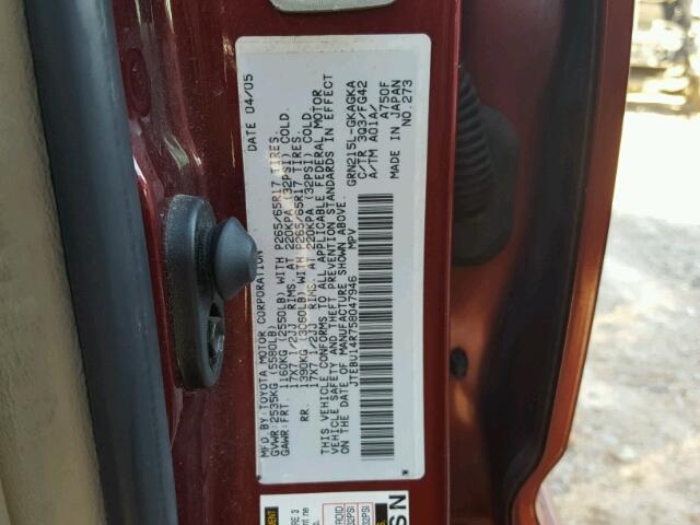 JTEBU14R758047946 - 2005 TOYOTA 4RUNNER SR RED photo 10