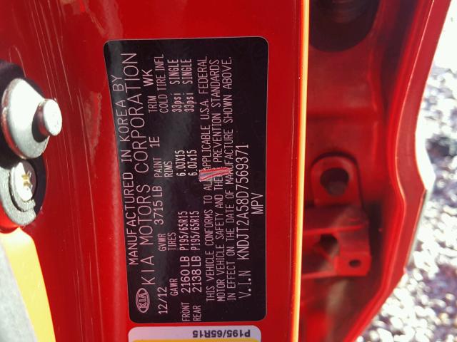 KNDJT2A58D7569371 - 2013 KIA SOUL RED photo 10