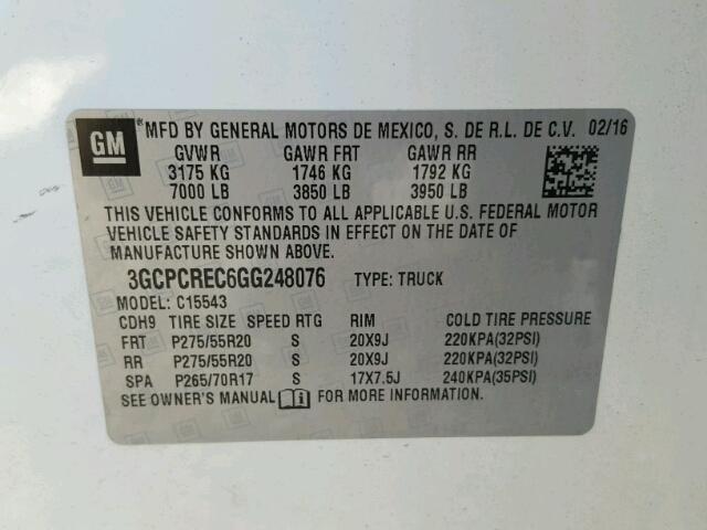 3GCPCREC6GG248076 - 2016 CHEVROLET SILVERADO WHITE photo 10