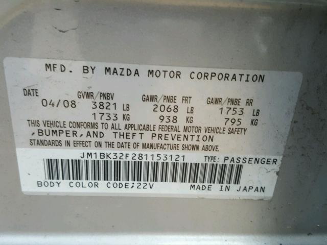 JM1BK32F281153121 - 2008 MAZDA 3 I GRAY photo 10