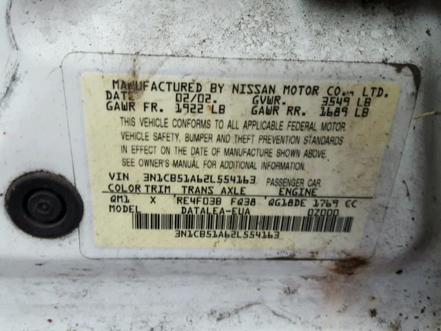 3N1CB51A62L554163 - 2002 NISSAN SENTRA GXE WHITE photo 10