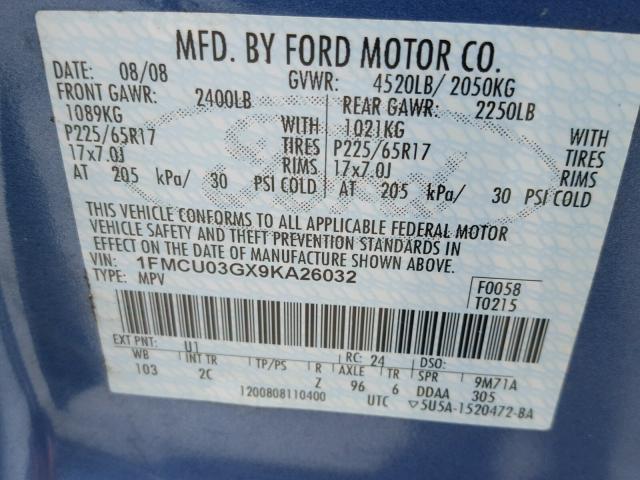 1FMCU03GX9KA26032 - 2009 FORD ESCAPE BLUE photo 10