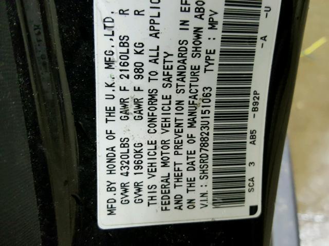 SHSRD78823U151063 - 2003 HONDA CR-V EX შავი ფოტო 10