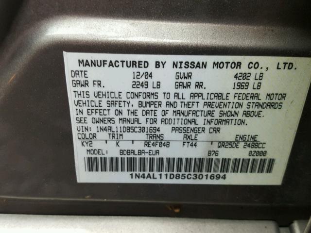 1N4AL11D85C301694 - 2005 NISSAN ALTIMA GRAY photo 10