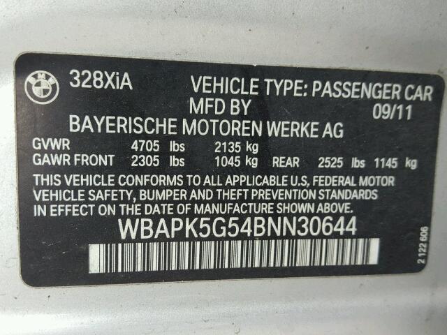 WBAPK5G54BNN30644 - 2011 BMW 328 XI SUL SILVER photo 10