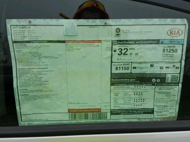 3KPFK4A77HE083176 - 2017 KIA FORTE SILVER photo 9