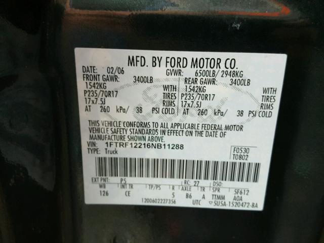 1FTRF12216NB11288 - 2006 FORD F150 GREEN photo 10