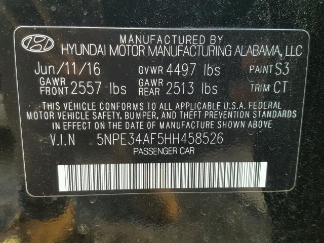 5NPE34AF5HH458526 - 2017 HYUNDAI SONATA BLACK photo 10