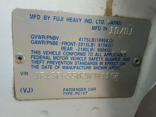 JF1SF65502H741192 - 2002 SUBARU FORESTER S 白色 照片 10