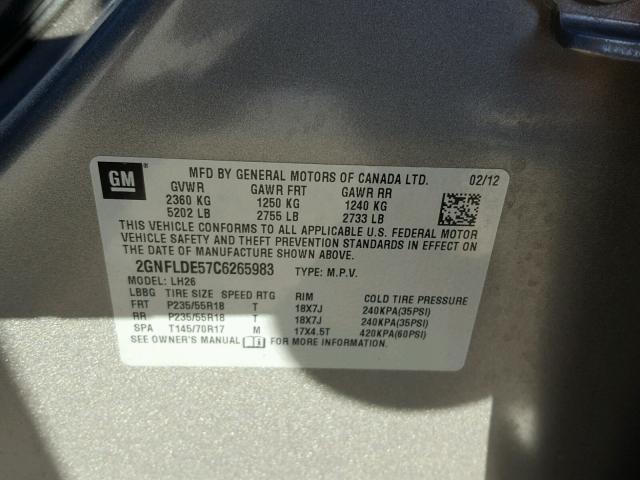 2GNFLDE57C6265983 - 2012 CHEVROLET EQUINOX LT CHARCOAL photo 10