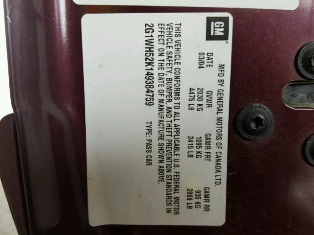 2G1WH52K149384759 - 2004 CHEVROLET IMPALA LS MAROON photo 10