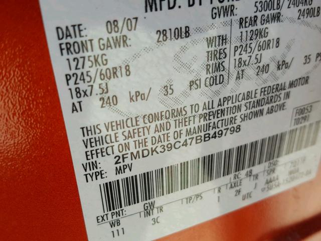 2FMDK39C47BB49798 - 2007 FORD EDGE SEL P ORANGE photo 10