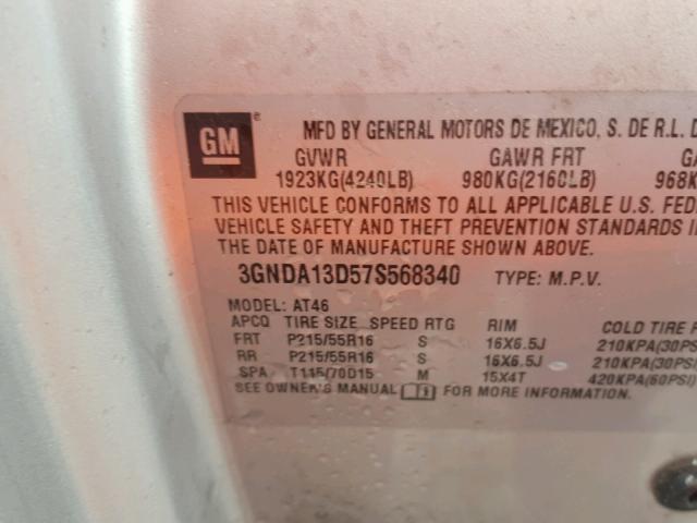 3GNDA13D57S568340 - 2007 CHEVROLET HHR LS ნაცრისფერი ფოტო 10