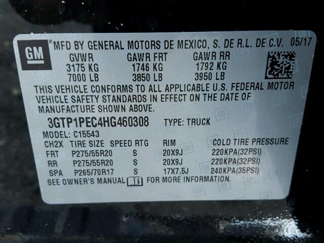 3GTP1PEC4HG460308 - 2017 GMC SIERRA C15 BLACK photo 10