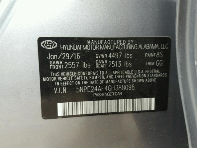 5NPE24AF4GH388096 - 2016 HYUNDAI SONATA SE GRAY photo 10