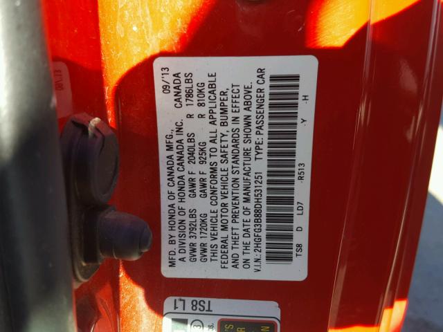 2HGFG3B88DH531251 - 2013 HONDA CIVIC EX RED photo 10