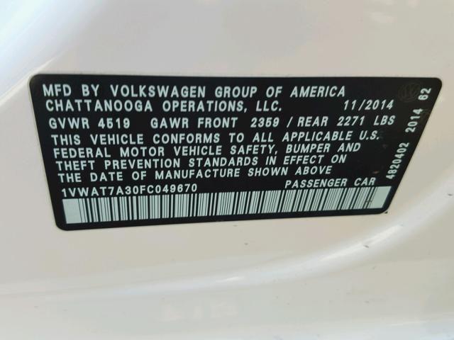1VWAT7A30FC049670 - 2015 VOLKSWAGEN PASSAT S თეთრი ფოტო 10