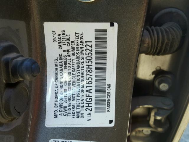 2HGFA16578H505221 - 2008 HONDA CIVIC LX GRAY photo 10