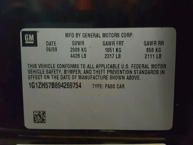 1G1ZH57B894269754 - 2009 CHEVROLET MALIBU 1LT BLACK photo 10