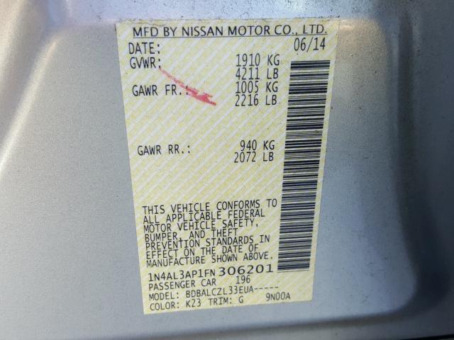 1N4AL3AP1FN306201 - 2015 NISSAN ALTIMA 2.5 SILVER photo 10