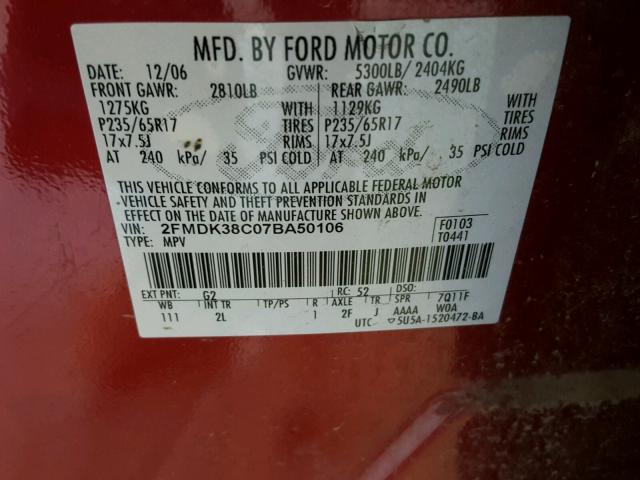 2FMDK38C07BA50106 - 2007 FORD EDGE SEL MAROON photo 10